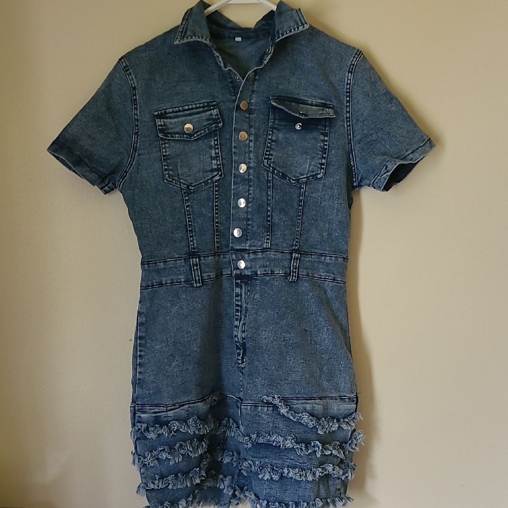 Denim Short Sleeve Button-Up Romper - Picture 2 of 8